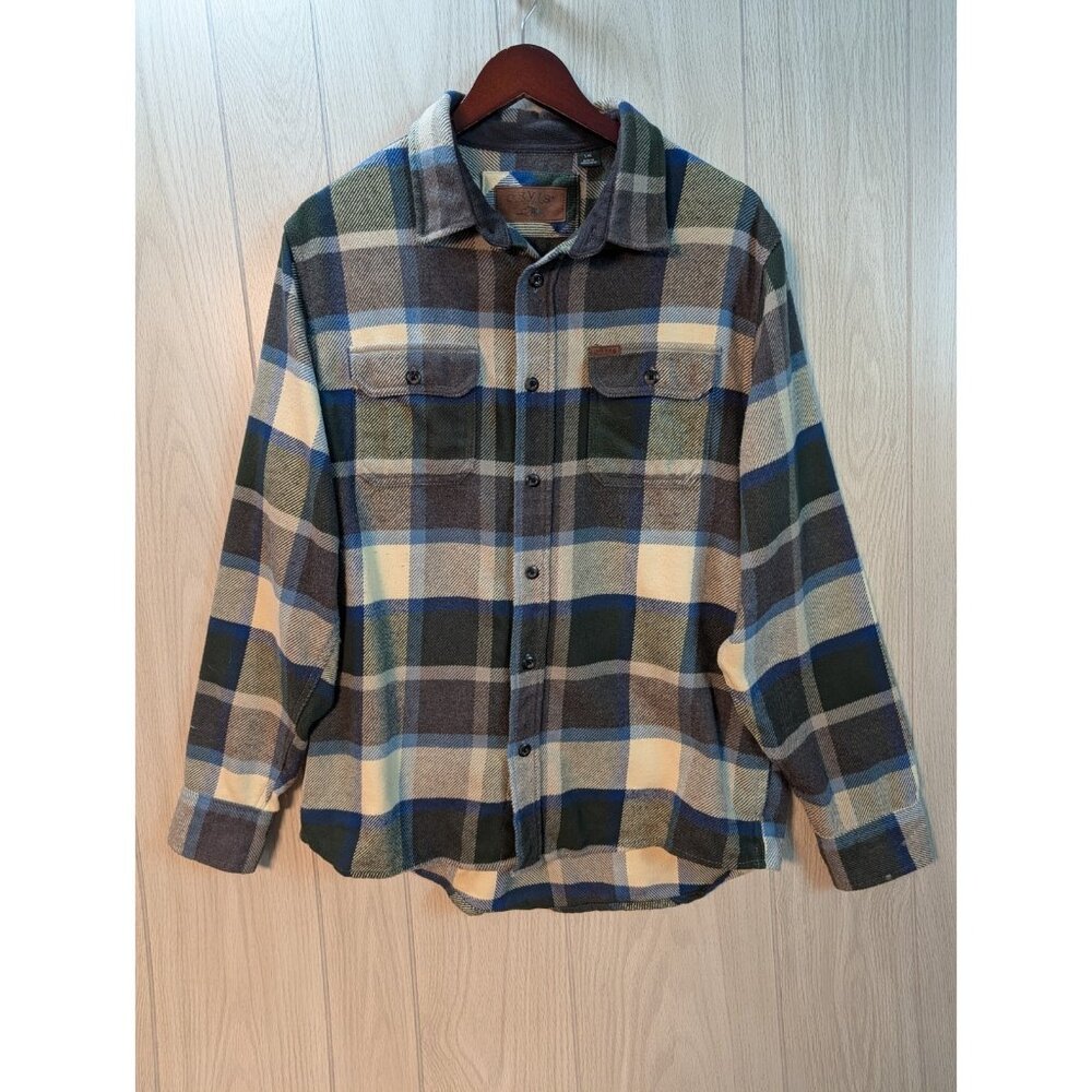 Orvis Men's Plaid Heavy Flannel Long Sleeve Button Down Shirt Size Large Blue